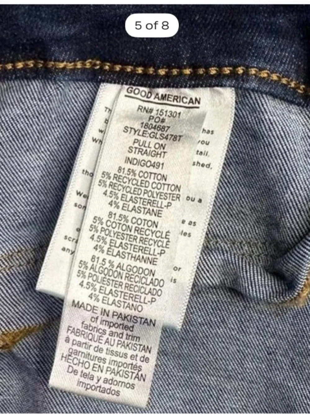 Good American Indigo Pull-On Straight Jeans (very clean worn, only once)